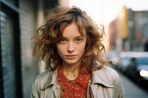 uma jovem de cabelos cacheados em pé na rua