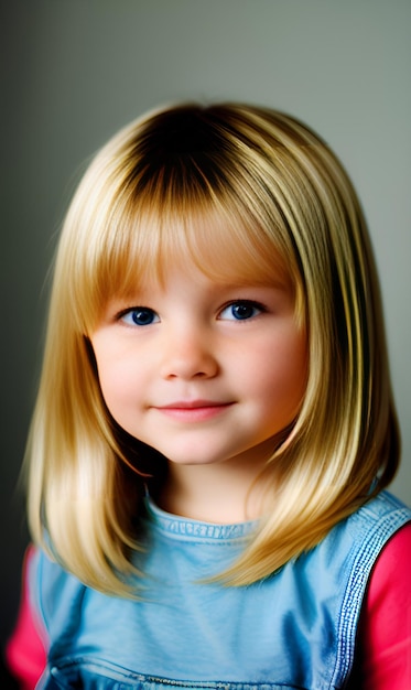 Uma jovem de cabelos loiros e olhos azuis está olhando para a câmera