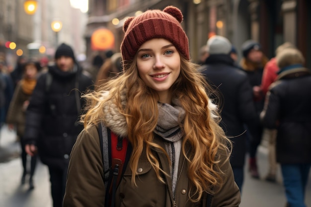 uma jovem de chapéu e casaco andando pela rua