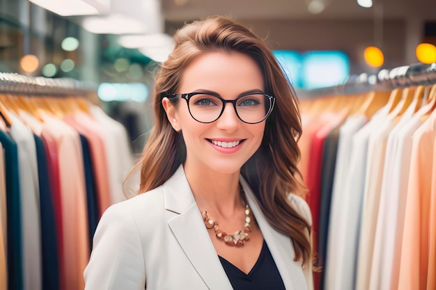 Foto uma jovem de fato sorri em uma loja de roupas