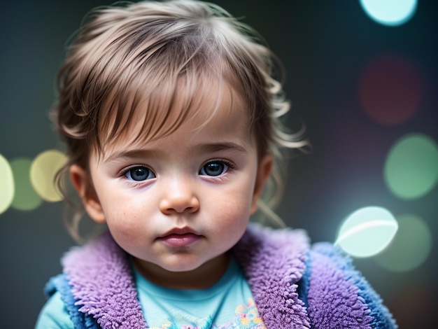 Uma jovem de olhos azuis e uma jaqueta roxa.