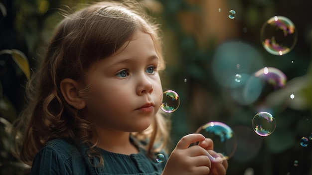 Uma jovem de olhos azuis olha para uma bolha com a palavra bolha ao fundo.