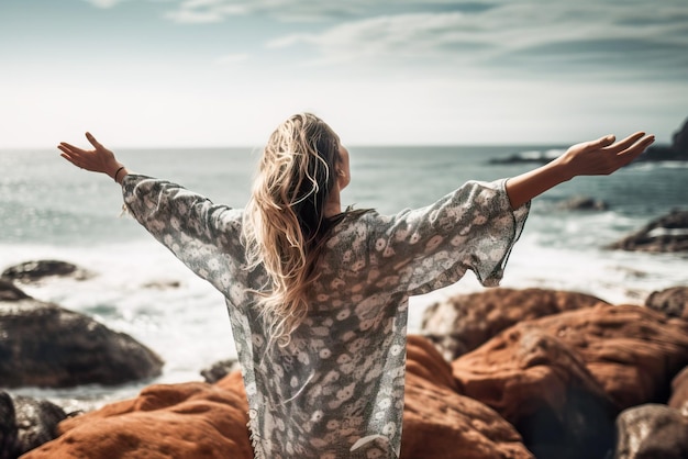 Uma jovem de pijama está de pé sobre uma rocha à beira-mar e apreciando a vista Generative AI