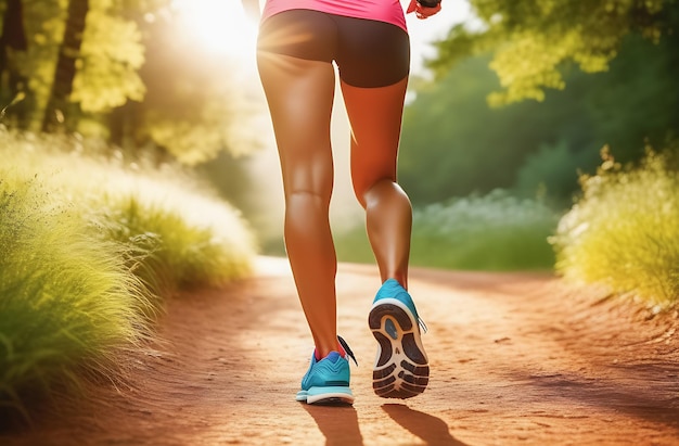 Uma jovem de shorts curtos está correndo ao longo do caminho no parque Corrida matinal Vista aproximada de