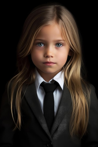 Uma jovem de terno e gravata com camisa preta e gravata.