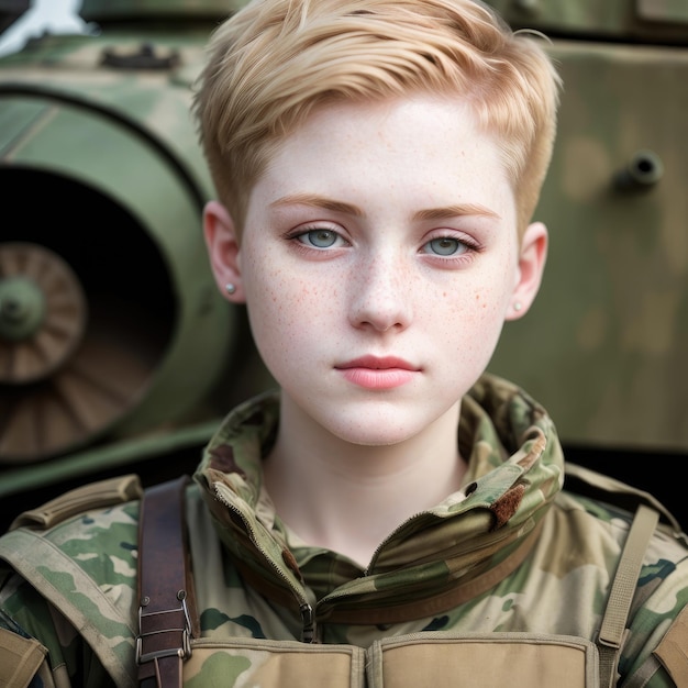 Uma jovem de uniforme militar com sardas e um tanque atrás dela.