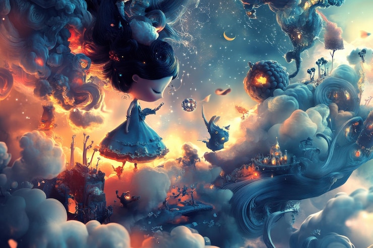 Foto uma jovem de vestido azul paira graciosamente em meio a nuvens vibrantes.