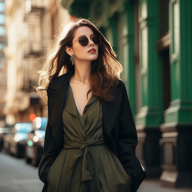 Uma jovem de vestido longo verde generativa AI