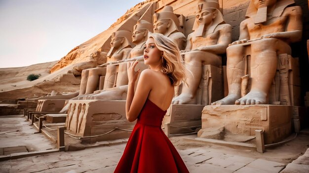 Foto uma jovem de vestido vermelho no templo de abu simbel ao lado das esculturas