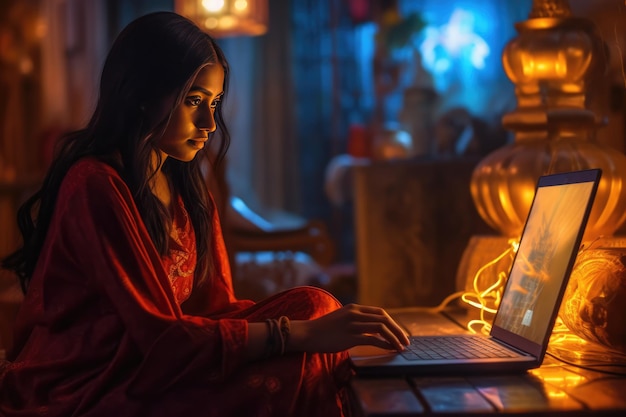 Uma jovem de vestido vermelho trabalhando em seu laptop