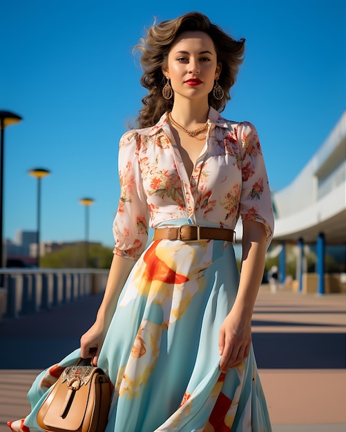 Uma jovem deslumbrante com vestidos coloridos