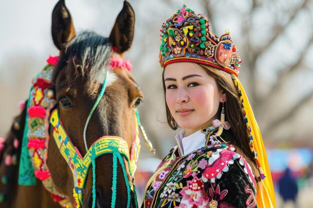 Foto uma jovem deslumbrante em trajes tradicionais posa graciosamente ao lado de um cavalo no festival de nowruz