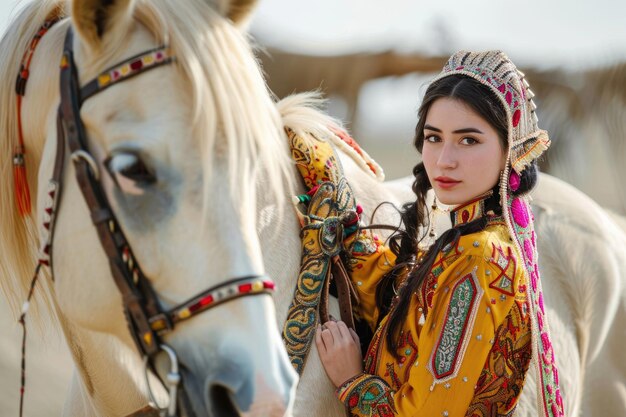 Foto uma jovem deslumbrante em trajes tradicionais posa graciosamente ao lado de um cavalo no festival de nowruz