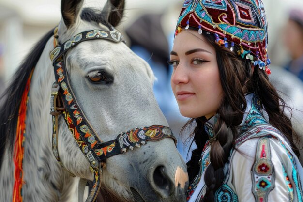 Foto uma jovem deslumbrante em trajes tradicionais posa graciosamente ao lado de um cavalo no festival de nowruz