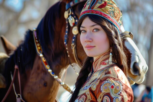 Uma jovem deslumbrante em trajes tradicionais posa graciosamente ao lado de um cavalo no festival de nowruz