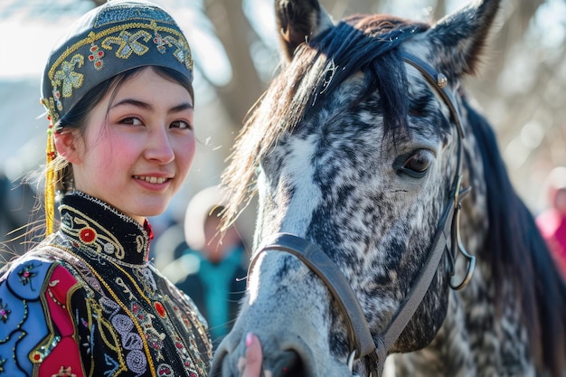 Foto uma jovem deslumbrante em trajes tradicionais posa graciosamente ao lado de um cavalo no festival de nowruz