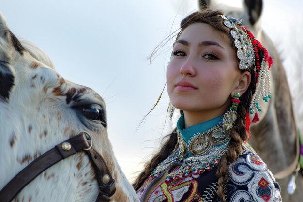 Uma jovem deslumbrante em trajes tradicionais posa graciosamente ao lado de um cavalo no festival de nowruz