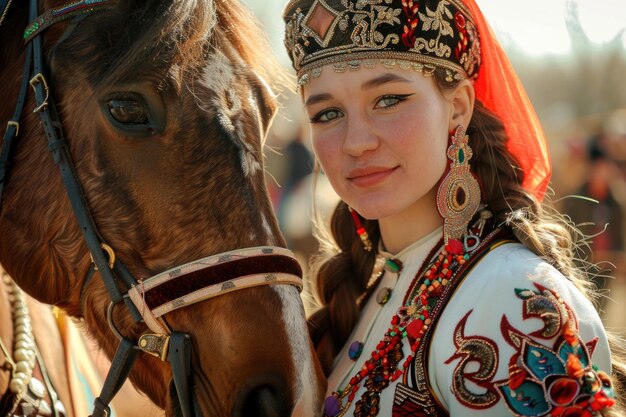 Uma jovem deslumbrante em trajes tradicionais posa graciosamente ao lado de um cavalo no festival de Nowruz