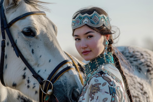 Uma jovem deslumbrante em trajes tradicionais posa graciosamente ao lado de um cavalo no festival de nowruz