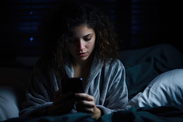 Foto uma jovem desmotivada na cama olhando para o ecrã do smartphone sofre de distúrbios do sono