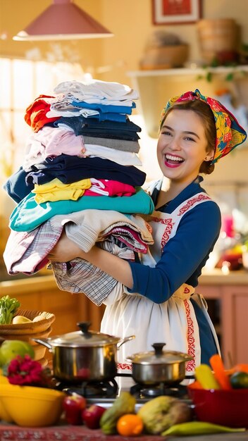 Foto uma jovem dona de casa sorridente segurando um monte de roupas.