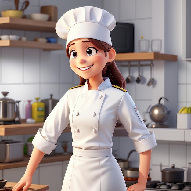 Foto uma jovem e alegre cozinheira em um uniforme branco impecável sorrindo enquanto está em um 3drendered