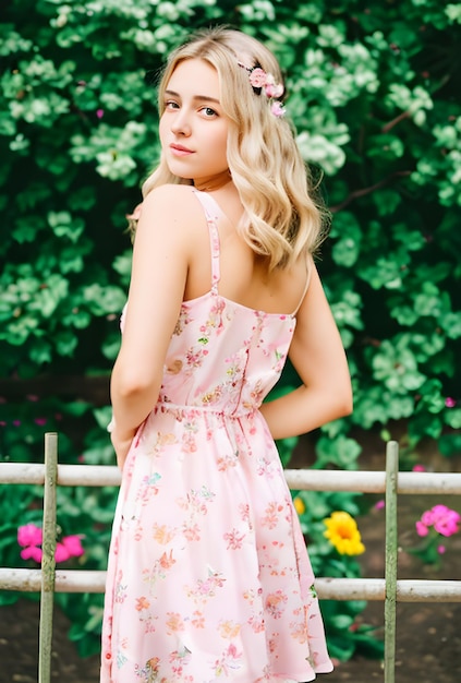 Uma jovem e bonita adolescente em um vestido elegante de verão rosa e um padrão de flores sobre ele