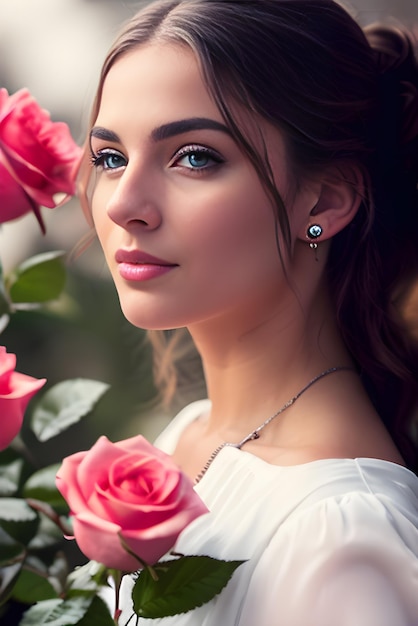 Uma jovem e bonita mulher em um elegante vestido branco posando junto às rosas