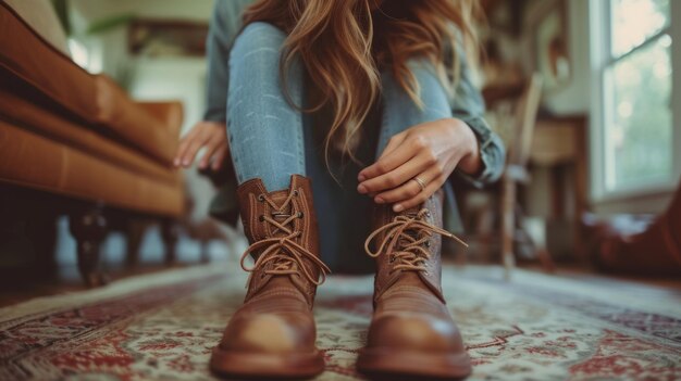 Foto uma jovem e bonita mulher fecha as botas.