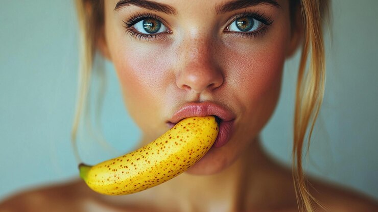 Foto uma jovem e impressionante professora, com os lábios suavemente mordidos em pensamento, segura uma banana na mão.