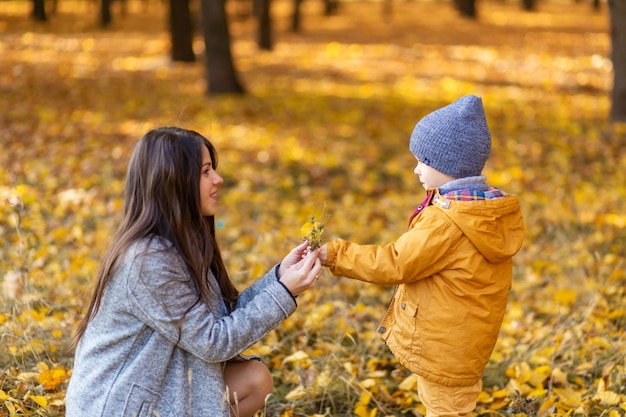 Uma jovem e linda mãe passa um tempo em uma caminhada com seu amado filho no parque de outono