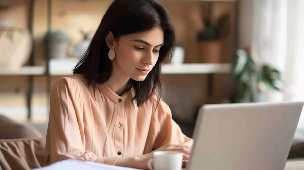 Uma jovem e séria empresária está sentada num café a trabalhar num portátil.