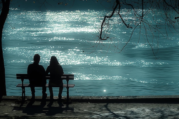 Uma jovem e um jovem sentados pacificamente vendo o rio fluir à noite