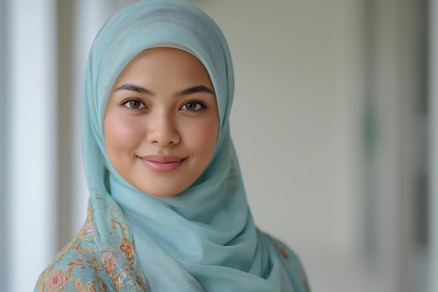 Uma jovem elegante abraça sua identidade cultural com um hijab azul à moda