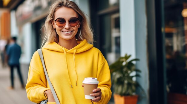 Uma jovem elegante e feliz usando jeans namorado, tênis branco, moletom amarelo brilhanteEla segura