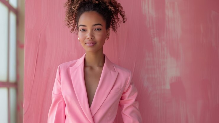 Foto uma jovem elegante em um fato de calça rosa chique fica graciosamente seu sorriso radiante e acolhedor