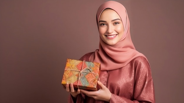 Uma jovem em Hijab segurando uma caixa de presente nas mãos