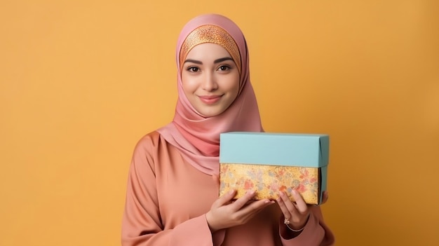 Uma jovem em Hijab segurando uma caixa de presente nas mãos