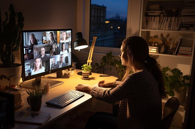 Uma jovem em Riga, Letônia, é vista fazendo uma videochamada usando o Zoom em seu computador em sua casa.