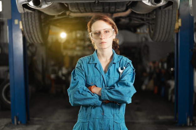 Uma jovem em roupas de trabalho um aprendiz fica ao lado do carro e está orgulhoso e feliz na garagem segurando uma chave inglesa nas mãos