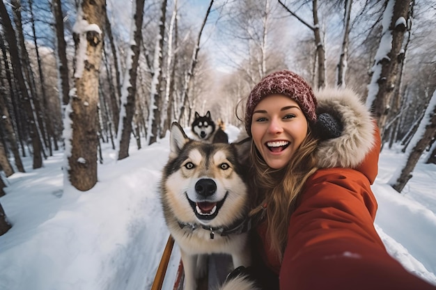 Uma jovem em trajes de inverno captura uma selfie com seu cachorro em um trenó