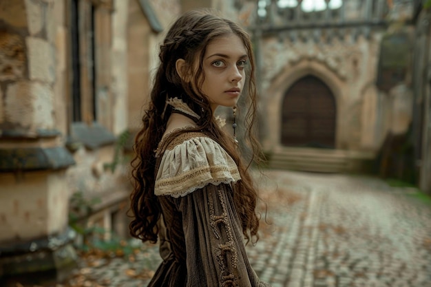 Uma jovem em trajes medievais de pé em um pátio do castelo