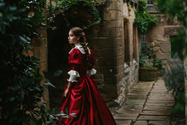 Foto uma jovem em trajes tudorera de pé em um pátio do castelo