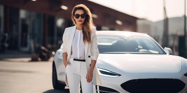 Uma jovem em um elegante terno branco posa perto de um carro elétrico moderno