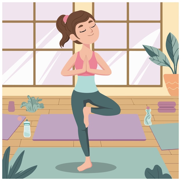 Uma jovem em um estúdio de fitness praticando Yoga Pessoas ilustração vetorial