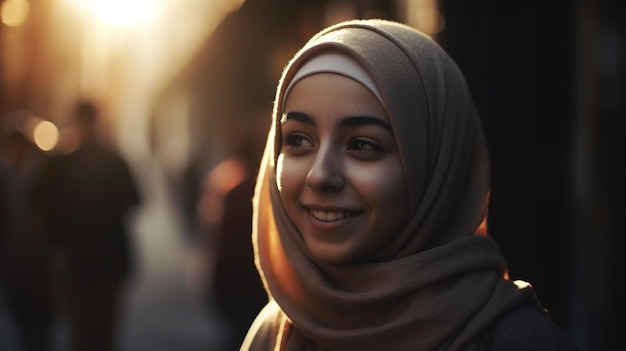 Uma jovem em um hijab está em uma rua.