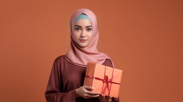 Uma jovem em um hijab segura uma caixa de presente nas mãos