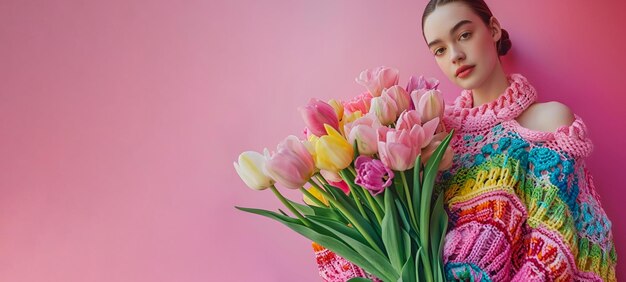 Uma jovem em um suéter de tricô colorido com um buquê de tulipas em um fundo rosa