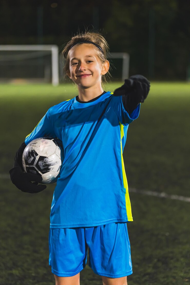 Foto uma jovem em um uniforme de futebol azul segurando uma bola e apontando para a câmera de futebal de tiro médio