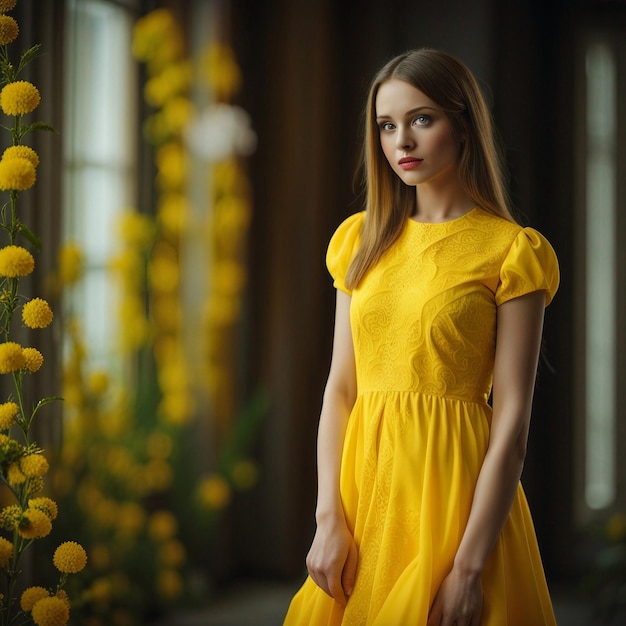 Uma jovem em um vestido amarelo de utensílios de jardim amarelo